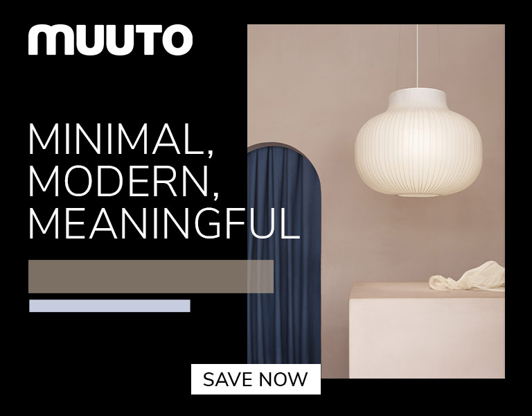 Save now Modern MUUTO pendant lamp in a minimalist beige interior with blue curtain, featuring text ‘Minimal, Modern, Meaningful’ and button ‘Save Now’.