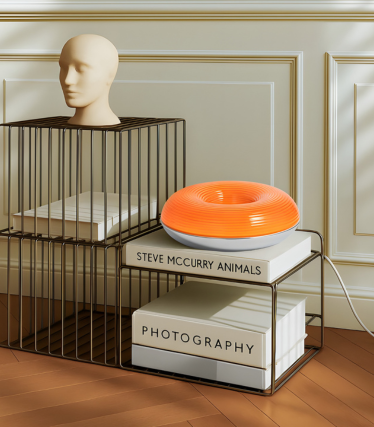 Lampe de table moderne Lindby en orange vif sur un système d'étagères décoratif.