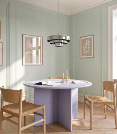 Table à manger ronde violette avec pied triangulaire sous une suspension argentée à plusieurs niveaux dans une pièce vert pastel.