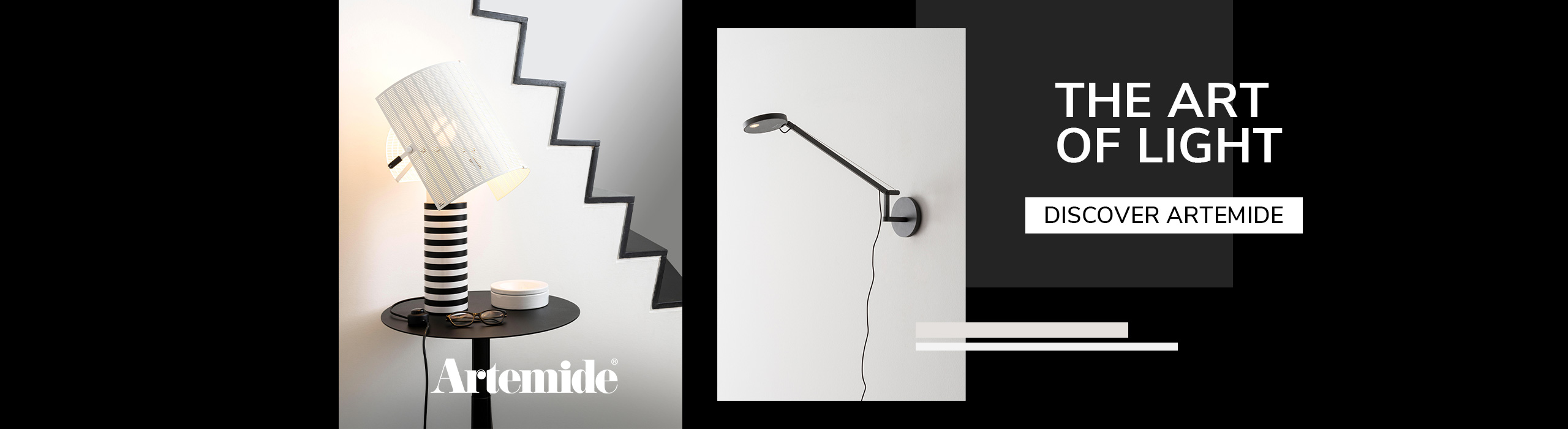 Discover Artemide Contemporary Artemide lamps including a striped table lamp and a slim wall-mounted light, highlighting modern artistic lighting design.