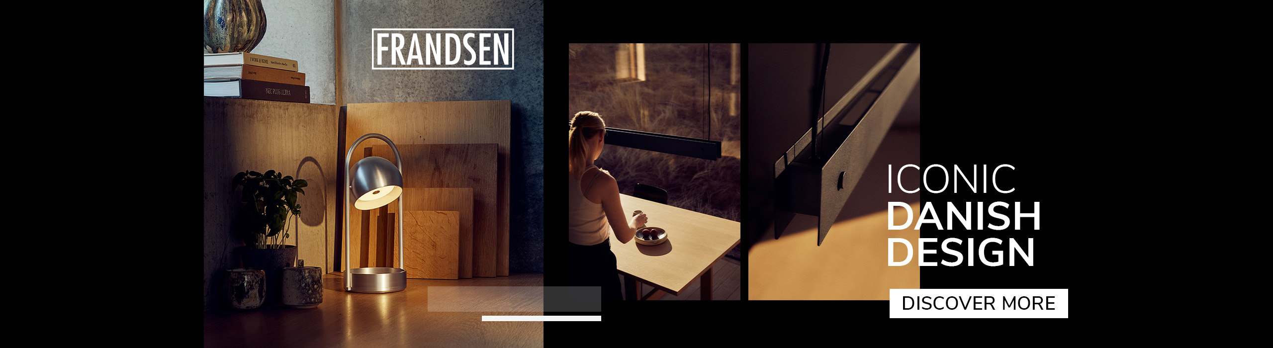 Discover More Frandsen Danish design lighting featuring a compact metallic table lamp on a wooden desk and a pendant lamp above a dining table with warm sunset lighting.