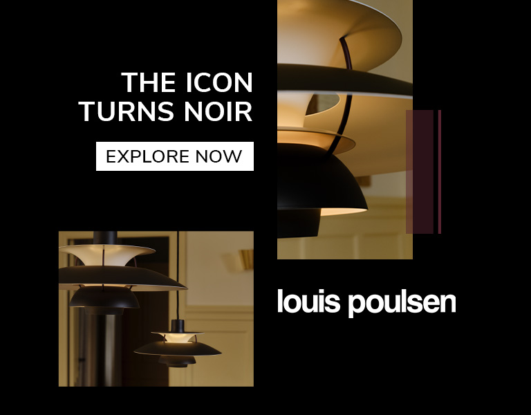 Explore now Advertisement featuring black Louis Poulsen pendant lamps with the text ‘The Icon Turns Noir,’ a button labeled ‘Explore Now,’ and the Louis Poulsen logo.