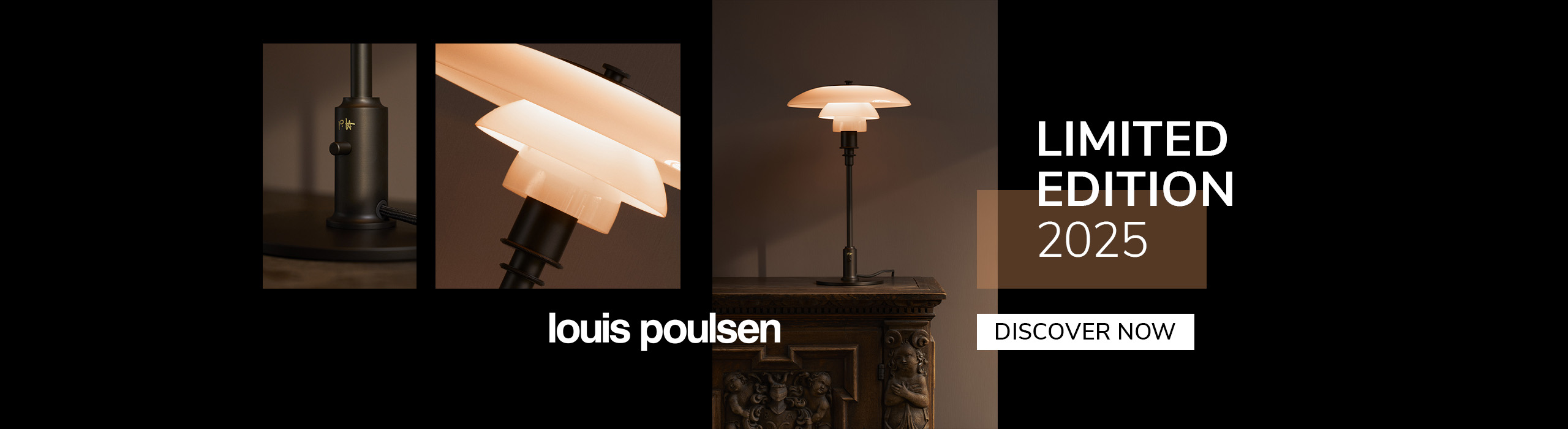 Discover More Warm-toned interior showcasing a Louis Poulsen table lamp on a carved wooden cabinet, promoting the 2025 limited edition lighting collection.
