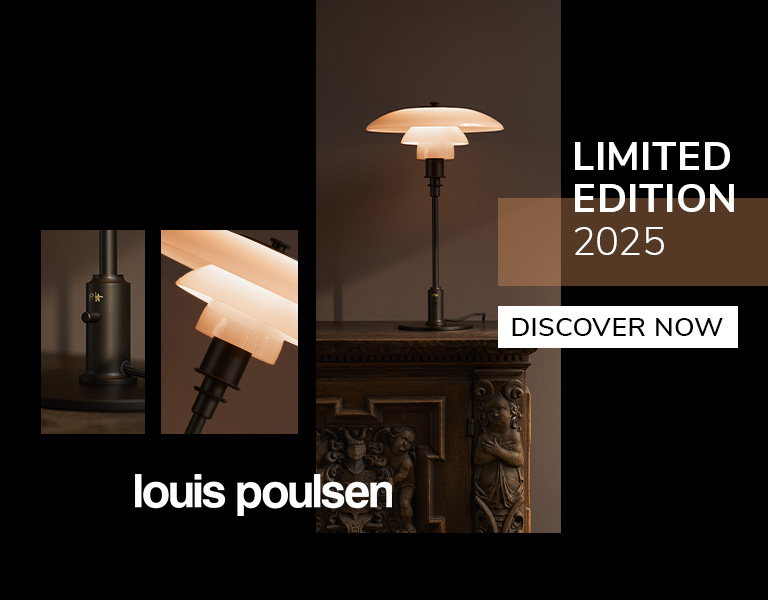 Discover More Warm-toned interior showcasing a Louis Poulsen table lamp on a carved wooden cabinet, promoting the 2025 limited edition lighting collection.